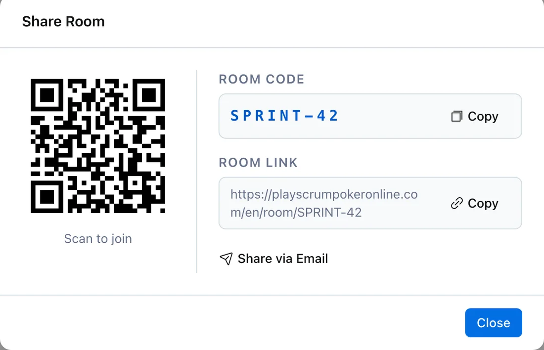 Share a room by QR code, link, or code - across desktop and mobile